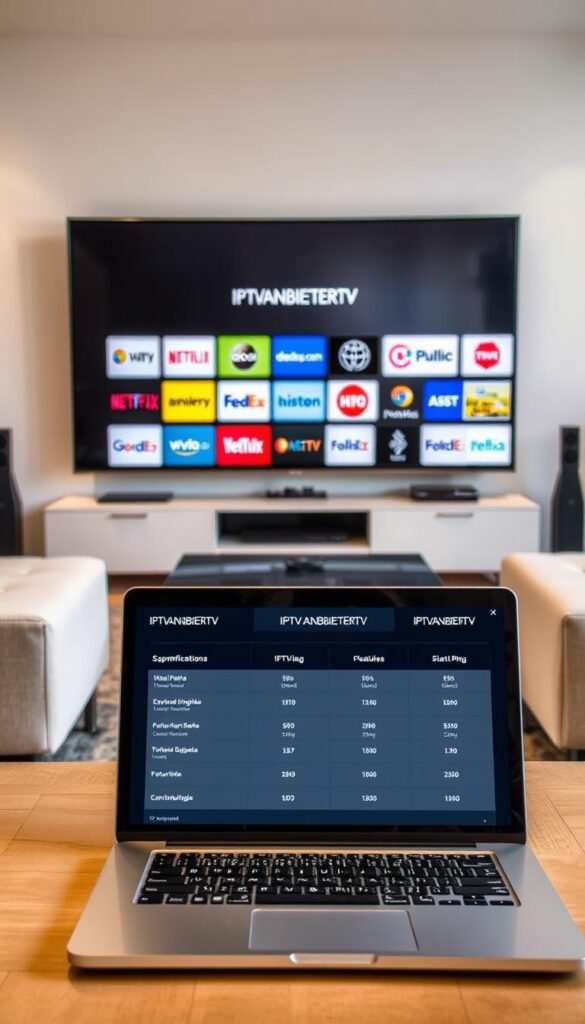 A high-quality comparison of IPTV providers in Germany, showcasing a range of options against a clean, modern backdrop. The scene depicts a stylish living room with a large flatscreen TV displaying a grid of IPTV service logos, including the brand "IPTVANBIETERTV". Sleek furniture, warm lighting, and muted colors create an inviting atmosphere. In the foreground, a laptop or tablet displays detailed specifications and pricing for the various IPTV plans, allowing the viewer to easily compare features. The overall impression should convey a sense of professionalism, utility, and consumer-friendly information.