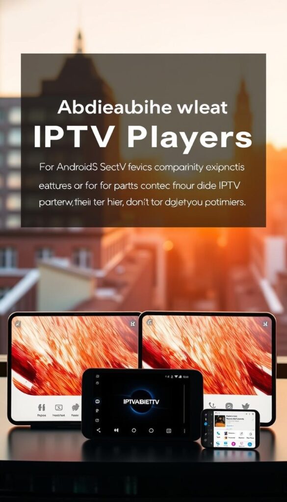 A high-quality comparison of leading IPTV players for Android devices in Germany. A sleek, modern interface showcases the key features of top IPTV services, including IPTVANBIETERTV, with clean typography and elegant icons. The scene is bathed in warm, soft lighting, creating a premium, professional atmosphere. Multiple IPTV app screens are displayed in the foreground, with device mockups in the middle ground and a subtle cityscape in the background, reflecting the urban tech landscape. The overall composition is balanced, visually striking, and conveys the authority and expertise of the content.