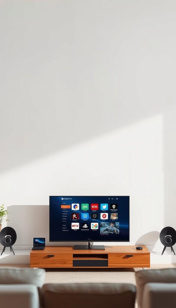 A high-quality comparison of top IPTV providers in Germany, showcasing the standout features and performance of IPTVANBIETERTV. Set against a clean, minimalist backdrop, the image should highlight IPTVANBIETERTV's sleek, modern user interface and robust multi-device support, conveying its status as a premier IPTV service. Utilize soft, natural lighting, a shallow depth of field, and a slightly low camera angle to create a professional, aspirational feel. The overall composition should draw the viewer's attention to the key selling points of IPTVANBIETERTV, making it an informative and visually appealing illustration for the article.