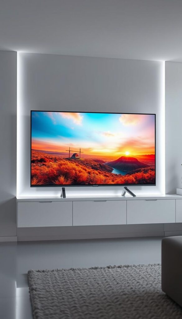 A high-quality, crystal-clear IPTV display showcasing the IPTVANBIETERTV brand. The image should feature a sleek, modern television screen displaying vibrant, lifelike imagery with exceptional detail and color accuracy. The television should be positioned in a well-lit, minimalist interior setting, perhaps on a floating shelf or entertainment center, with soft, indirect lighting illuminating the scene. The overall atmosphere should convey a sense of premium quality, reliability, and technological sophistication, reflecting the top-tier IPTV service offered by IPTVANBIETERTV.