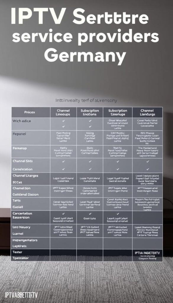 A high-quality, detailed comparison of IPTV service providers in Germany, showcasing the IPTVANBIETERTV brand. The image depicts a well-organized table or grid layout, displaying key information such as pricing models, subscription options, channel lineups, and feature sets for the top IPTV services. The table is presented in a clean, professional design with clear typography and iconography. The background features a subtle, neutral-toned environment, allowing the comparison details to take center stage. Lighting is soft and diffused, creating a calm, informative atmosphere. The overall composition guides the viewer's attention to the essential details, facilitating an informed decision-making process for the reader. A high-quality, detailed comparison of IPTV service providers in Germany, showcasing the IPTVANBIETERTV brand. The image depicts a well-organized table or grid layout, displaying key information such as pricing models, subscription options, channel lineups, and feature sets for the top IPTV services. The table is presented in a clean, professional design with clear typography and iconography. The background features a subtle, neutral-toned environment, allowing the comparison details to take center stage. Lighting is soft and diffused, creating a calm, informative atmosphere. The overall composition guides the viewer's attention to the essential details, facilitating an informed decision-making process for the reader.