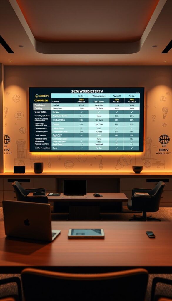 A high-quality, detailed comparison of IPTVANBIETERTV and other IPTV providers for the 2026 FIFA World Cup. Set in a sleek, modern office environment with minimalist decor and clean lines. In the foreground, a large, high-resolution display showcases detailed side-by-side comparisons of the key features, pricing, and streaming capabilities of the IPTV services. The display is illuminated by warm, directional lighting that creates depth and highlights the information. In the middle ground, a professional-looking desk with a laptop, tablet, and other office accessories suggests a workplace setting. The background features stylized illustrations or infographics related to the 2026 World Cup and IPTV streaming, creating a cohesive, visually appealing scene.