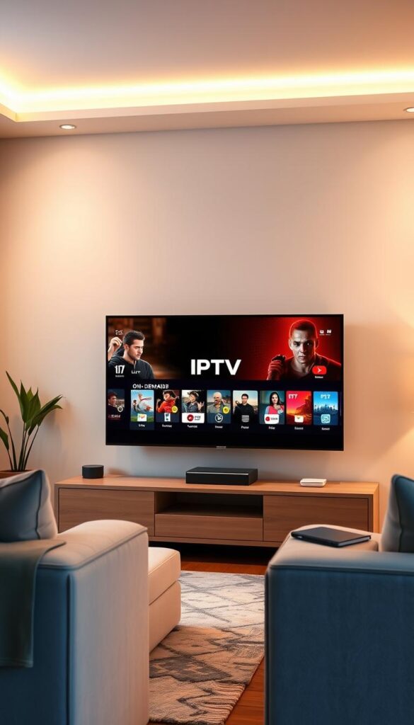 A high-quality, detailed illustration of IPTV streaming on a modern Samsung television set. The scene depicts the living room of a cozy home, with the Samsung TV prominent in the center. The television screen displays a dynamic IPTV interface, showcasing a variety of live channels and on-demand content. The IPTVANBIETERTV logo is subtly visible in the interface. Soft, warm lighting illuminates the room, creating a relaxed and inviting atmosphere. The composition emphasizes the seamless integration of IPTV technology with the Samsung TV, highlighting the convenience and user-friendly experience. The image should convey a sense of modern home entertainment and the versatility of IPTV on Samsung devices. A high-quality, detailed illustration of IPTV streaming on a modern Samsung television set. The scene depicts the living room of a cozy home, with the Samsung TV prominent in the center. The television screen displays a dynamic IPTV interface, showcasing a variety of live channels and on-demand content. The IPTVANBIETERTV logo is subtly visible in the interface. Soft, warm lighting illuminates the room, creating a relaxed and inviting atmosphere. The composition emphasizes the seamless integration of IPTV technology with the Samsung TV, highlighting the convenience and user-friendly experience. The image should convey a sense of modern home entertainment and the versatility of IPTV on Samsung devices.