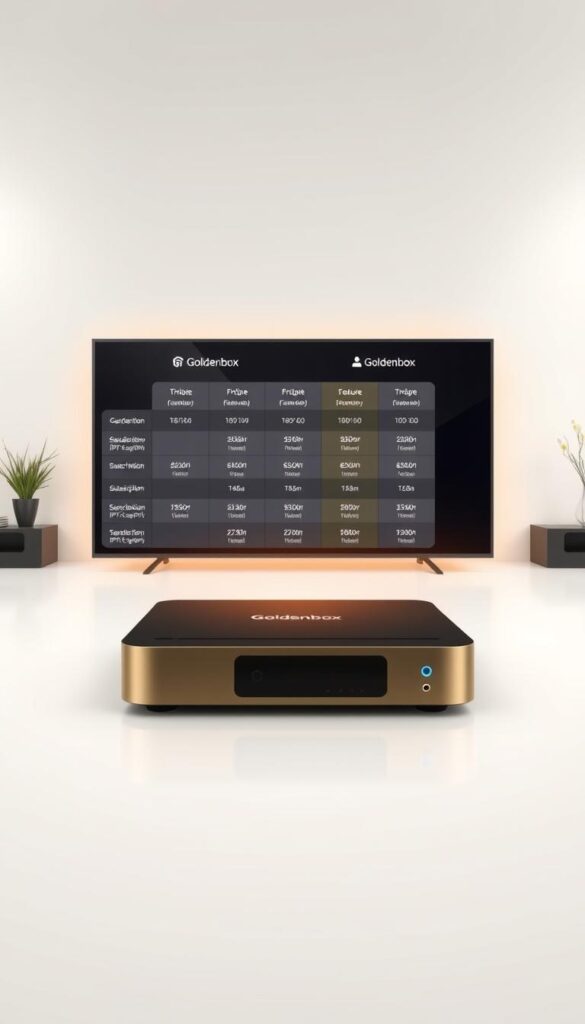 A high-quality, detailed illustration of the Goldenbox IPTV-Empfänger and its subscription options. Set in a clean, minimalist environment with soft, diffused lighting. Prominently feature the Goldenbox device in the foreground, showcasing its sleek, modern design. In the middle ground, display a grid of subscription plan options, each with distinct pricing, features, and durations. The background should convey a sense of professionalism and trust, perhaps with a subtle IPTVANBIETERTV logo or branding element. The overall composition should be visually striking and easy to comprehend, highlighting the key details of the Goldenbox IPTV service and its subscription tiers.