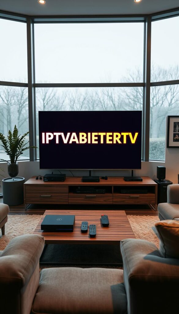 A high-quality, detailed image of "IPTV Bewertung" with the following characteristics: A sleek, modern living room setting with floor-to-ceiling windows providing ample natural light. In the center, a large, flat-screen television displays the IPTVANBIETERTV logo in bold, vivid colors. Surrounding the TV, various streaming devices, remote controls, and other IPTV-related accessories are neatly arranged on a minimalist, wood-and-glass entertainment center. The room has a warm, cozy atmosphere, with plush, comfortable seating and subtle, indirect lighting. The walls are decorated with framed art and photographs, suggesting a lived-in, personalized space. The overall composition emphasizes the seamless integration of IPTV technology into a contemporary, high-end home environment. The image conveys a sense of quality, reliability, and user-friendliness associated with the IPTVANBIETERTV brand, highlighting the benefits and positive experiences of IPTV services in a visually appealing and aspirational manner.