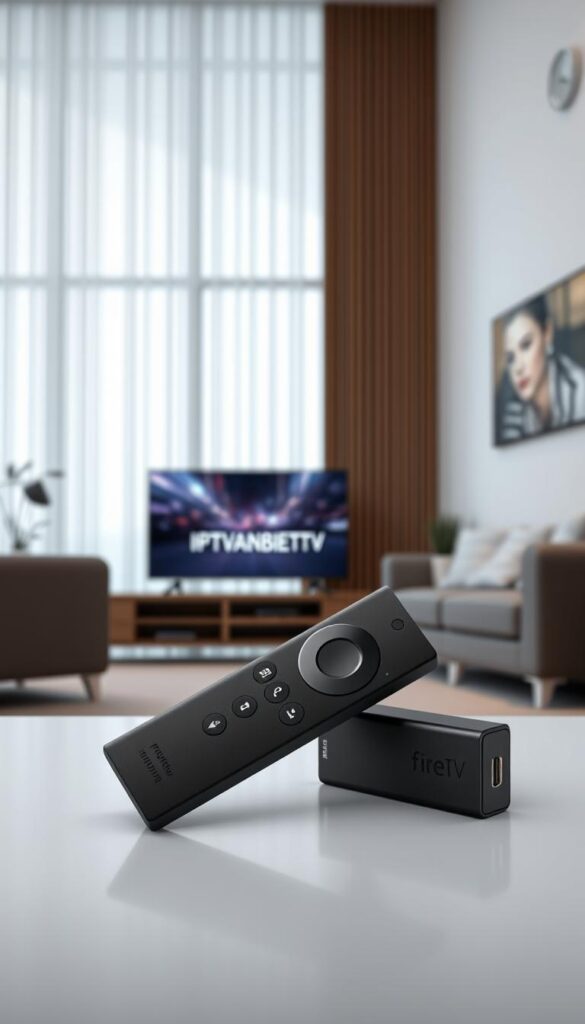 A high-quality, detailed image of a Fire TV Stick prominently displaying the "IPTVANBIETERTV" brand name on its interface. The Fire TV Stick is shown in a well-lit, modern living room setting, with a sleek and minimalist design. The scene conveys a sense of simplicity and ease of use, capturing the essence of how IPTV can be seamlessly integrated into a home entertainment system. The image should focus on showcasing the Fire TV Stick as the central device, with the "IPTVANBIETERTV" brand name clearly visible on the device's interface, highlighting its role in providing IPTV services.