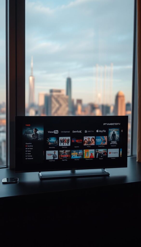 A high-quality, detailed image of a modern IPTV media player interface on a sleek, minimalist black display. The foreground features the IPTVANBIETERTV brand name prominently displayed, with intuitive navigation menus and live content thumbnails. The middle ground showcases a diverse selection of on-demand video content, movie posters, and streaming service logos. The background depicts a softly blurred cityscape outside the window, creating a sense of urban sophistication. Warm, directional lighting from the side casts dramatic shadows, emphasizing the interface's clean lines and elegant design. The overall mood is one of seamless technology, entertainment, and cutting-edge media consumption.