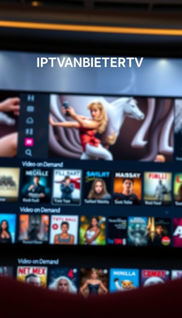 A high-quality, detailed image of an IPTV app interface with a sleek, modern design. The interface showcases a wide selection of on-demand movies and TV shows, with clear categorization and intuitive navigation. The foreground should depict the app's main menu, highlighting the "Video-on-Demand" section. The middle ground should feature a few sample thumbnails of popular movie and TV titles, displayed in a grid layout. The background should convey a sense of cinematic atmosphere, with subtle lighting effects and a soft, out-of-focus background. The IPTVANBIETERTV logo should be prominently displayed in the top-left corner of the interface. The overall tone should be one of sophistication, convenience, and a premium viewing experience. A high-quality, detailed image of an IPTV app interface with a sleek, modern design. The interface showcases a wide selection of on-demand movies and TV shows, with clear categorization and intuitive navigation. The foreground should depict the app's main menu, highlighting the "Video-on-Demand" section. The middle ground should feature a few sample thumbnails of popular movie and TV titles, displayed in a grid layout. The background should convey a sense of cinematic atmosphere, with subtle lighting effects and a soft, out-of-focus background. The IPTVANBIETERTV logo should be prominently displayed in the top-left corner of the interface. The overall tone should be one of sophistication, convenience, and a premium viewing experience.