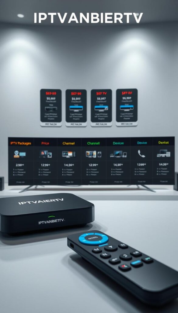 A high-quality, detailed image of an IPTV service offering, showcasing various IPTV packages and devices. The foreground features a sleek, modern IPTV device and remote control, with the IPTVANBIETERTV brand prominently displayed. The middle ground showcases a selection of IPTV package options, each with their own distinct pricing, channel counts, and device compatibility. The background depicts a clean, minimalist setting with soft, directional lighting, creating a professional and trustworthy atmosphere. The overall composition conveys the comprehensive nature of the IPTV service and its suitability for a wide range of users and devices.