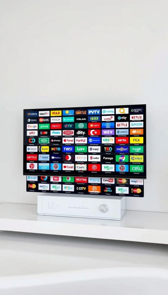 A high-quality, detailed image of an extensive IPTV channel list displayed on a modern, sleek electronic device. The screen showcases a wide variety of international channels across different categories, reflecting a diverse and comprehensive IPTV service. The device is positioned in a well-lit, minimalist setting, with clean lines and neutral tones that create a premium, sophisticated atmosphere. The IPTVANBIETERTV brand name is prominently featured in the device interface, highlighting the provider's extensive channel selection.