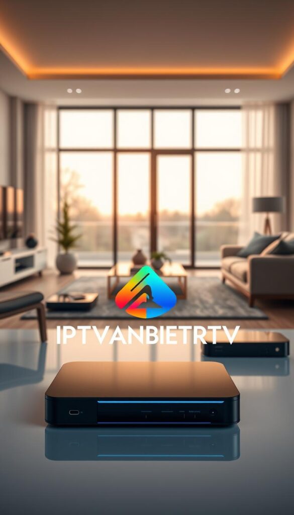 A high-quality, detailed image of the "IPTVANBIETERTV" brand logo and product showcased in an elegant, modern interior setting. The logo should be prominently displayed in the foreground, with a sleek, minimalist design and vibrant colors. In the middle ground, there should be a collection of smart home devices and streaming media players, all compatible with the IPTVANBIETERTV service. The background should feature a sophisticated, well-lit living room with large windows, allowing natural light to flood the scene and create a warm, inviting atmosphere. The overall composition should convey a sense of premium quality, advanced technology, and reliable performance that characterizes the IPTVANBIETERTV brand as the best IPTV provider in Germany.