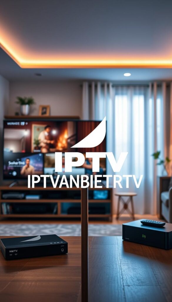 A high-quality, detailed image of the "IPTVANBIETERTV" brand logo and user interface. The logo stands prominently in the foreground, showcasing the distinctive name and sleek, modern design. The middle ground features various streaming devices like smart TVs and media players, reflecting the brand's versatility. The background depicts a cozy, well-lit living room setting, with warm lighting and inviting decor, conveying a sense of comfort and reliability associated with the IPTVANBIETERTV service. The image should have a professional, polished aesthetic, captured with a wide-angle lens to provide a comprehensive, visually appealing representation of the brand and its offerings. A high-quality, detailed image of the "IPTVANBIETERTV" brand logo and user interface. The logo stands prominently in the foreground, showcasing the distinctive name and sleek, modern design. The middle ground features various streaming devices like smart TVs and media players, reflecting the brand's versatility. The background depicts a cozy, well-lit living room setting, with warm lighting and inviting decor, conveying a sense of comfort and reliability associated with the IPTVANBIETERTV service. The image should have a professional, polished aesthetic, captured with a wide-angle lens to provide a comprehensive, visually appealing representation of the brand and its offerings.