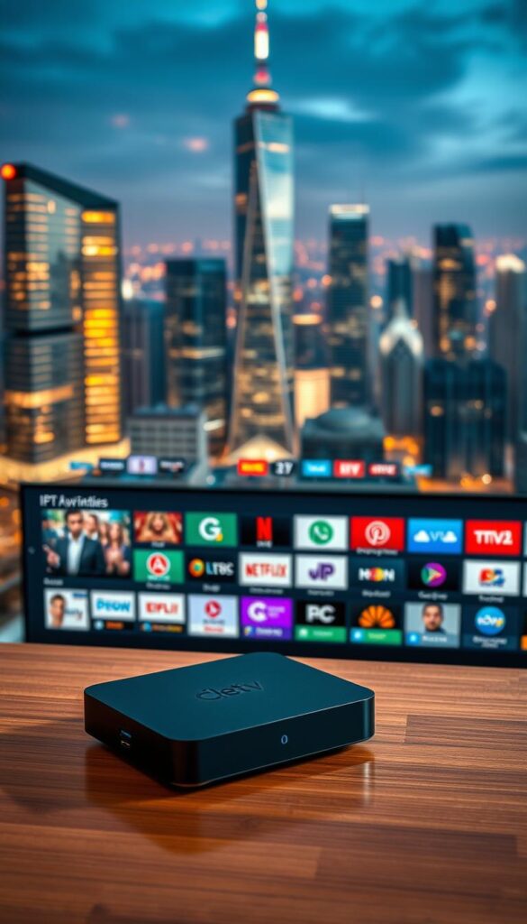 A high-quality, detailed image of the leading IPTVANBIETERTV service in Germany. In the foreground, a sleek, modern IPTV streaming device with a minimalist design sits atop a polished wooden surface. The device's interface displays a curated selection of popular live TV channels and on-demand content. In the middle ground, an array of colorful icons and logos representing the extensive channel lineup offered by IPTVANBIETERTV. The background features a sophisticated cityscape, with gleaming skyscrapers and a vibrant nighttime skyline, conveying the urban, high-tech atmosphere of the service. The lighting is warm and inviting, creating a sense of premium quality and reliability. The overall composition emphasizes the comprehensive, state-of-the-art IPTV experience provided by IPTVANBIETERTV in Germany.
