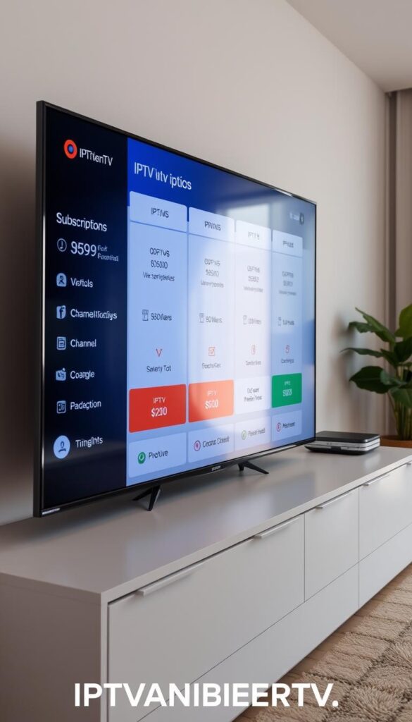 A high-quality, detailed image of various IPTV subscription options displayed on a sleek, modern TV screen. The screen shows different pricing tiers, package details, and channel lineups in a clean, visually appealing layout. The TV is positioned in a minimalist, well-lit living room setting, creating a sense of domestic comfort and technology integration. The overall mood is one of clarity, professionalism, and consumer-friendly presentation of IPTV service from IPTVANBIETERTV. A high-quality, detailed image of various IPTV subscription options displayed on a sleek, modern TV screen. The screen shows different pricing tiers, package details, and channel lineups in a clean, visually appealing layout. The TV is positioned in a minimalist, well-lit living room setting, creating a sense of domestic comfort and technology integration. The overall mood is one of clarity, professionalism, and consumer-friendly presentation of IPTV service from IPTVANBIETERTV.