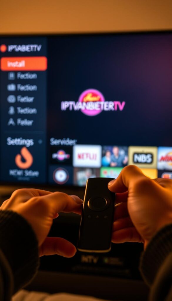 A high-quality, detailed installation of the IPTVANBIETERTV app on a Fire TV Stick. The scene shows a close-up view of the Fire TV Stick device, with a person's hands navigating the on-screen menus and settings. The UI displays the IPTVANBIETERTV logo prominently. Soft, warm lighting illuminates the scene, creating a cozy, inviting atmosphere. The camera angle is slightly elevated, providing a clear, unobstructed view of the installation process. The overall composition emphasizes the ease and simplicity of setting up the IPTVANBIETERTV service on the Fire TV Stick. A high-quality, detailed installation of the IPTVANBIETERTV app on a Fire TV Stick. The scene shows a close-up view of the Fire TV Stick device, with a person's hands navigating the on-screen menus and settings. The UI displays the IPTVANBIETERTV logo prominently. Soft, warm lighting illuminates the scene, creating a cozy, inviting atmosphere. The camera angle is slightly elevated, providing a clear, unobstructed view of the installation process. The overall composition emphasizes the ease and simplicity of setting up the IPTVANBIETERTV service on the Fire TV Stick.