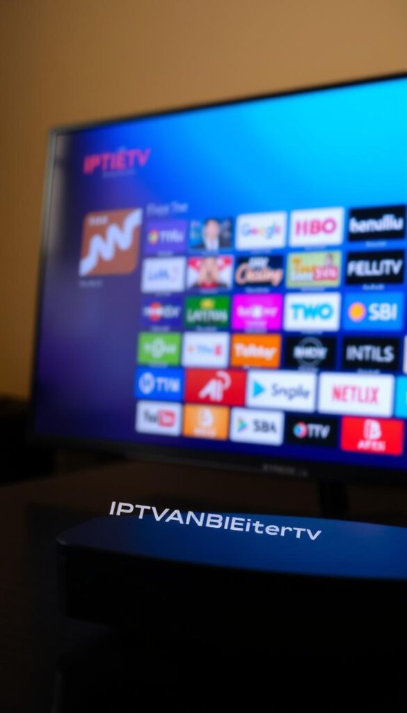 A high-quality, digital IPTV M3U playlist displayed on a sleek, modern device. The playlist features a clean, minimalist interface with vibrant colors and sharp, clear text, showcasing the various IPTV channels available. In the foreground, the IPTVANBIETERTV brand logo is prominently displayed, indicating the source of the playlist. The middle ground features the M3U playlist itself, with channel names and icons neatly organized. The background is a soft, blurred gradient, creating a sense of depth and focus on the central elements. The lighting is warm and natural, adding to the overall polished and professional appearance of the image.