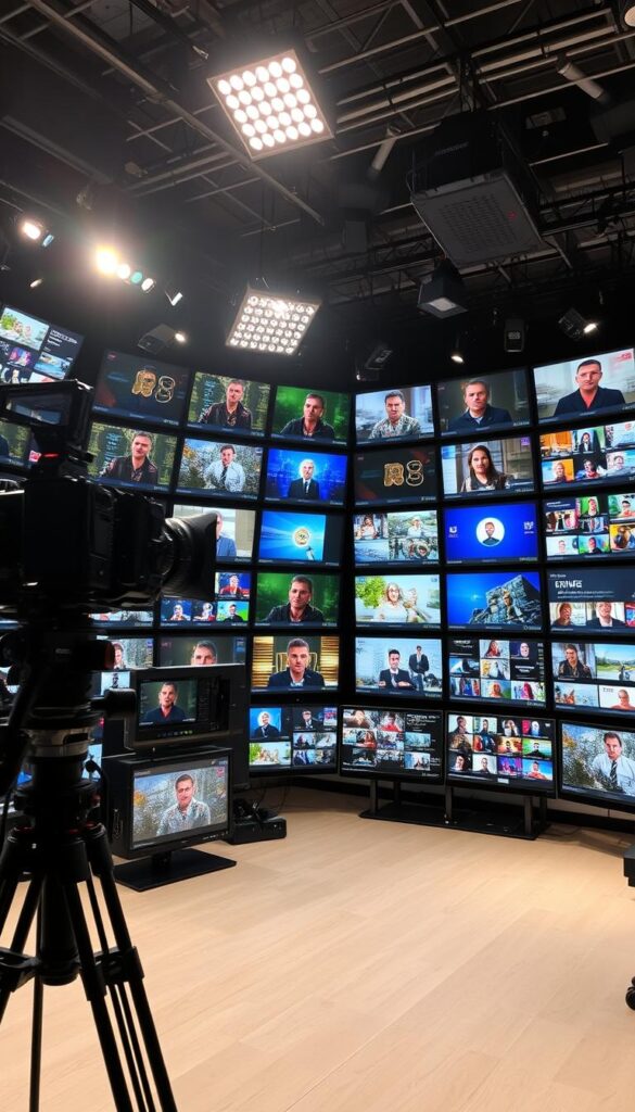 A high-quality digital broadcast studio with state-of-the-art camera equipment and lighting. Numerous television screens display a diverse array of German channels, reflecting the extensive IPTVANBIETERTV channel lineup. The scene conveys a sense of technological sophistication and visual richness, catering to discerning viewers seeking a comprehensive German IPTV experience. The lighting is soft and warm, creating a professional, yet inviting atmosphere. The overall composition emphasizes the depth and breadth of the IPTVANBIETERTV channel offering, reflecting the "Umfangreiches Senderangebot für anspruchsvolle Zuschauer" section of the article.