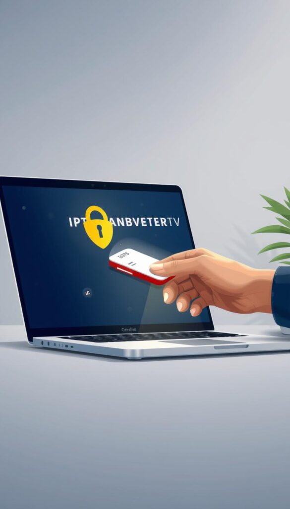 A high-quality digital illustration depicting a secure online payment process for an IPTV service. The scene shows a person's hand making a payment on a laptop or mobile device, with the IPTVANBIETERTV logo prominently displayed. The background features a clean, minimalist design with soft lighting, conveying a sense of trust and professionalism. The composition highlights the payment transaction, emphasizing the secure nature of the transaction through the use of encryption symbols or other visual cues. The overall aesthetic is modern, sleek, and inspires confidence in the IPTV provider's commitment to data privacy and financial security.