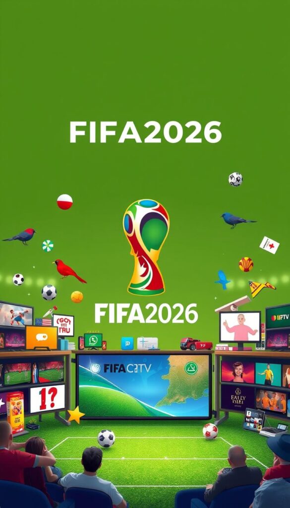 A high-quality, digital illustration depicting the IPTV Premium Paket FIFA2026 offering. The image should feature a prominent display of the IPTVANBIETERTV brand logo, along with a visually striking arrangement of various sports and entertainment-related icons, graphics, and visual elements. The overall composition should convey a sense of premium, high-definition content, seamless streaming, and an immersive viewing experience tailored for the upcoming FIFA 2026 World Cup. The illustration should be rendered in a realistic, photorealistic style with a focus on dynamic lighting, sharp details, and a clean, modern aesthetic.