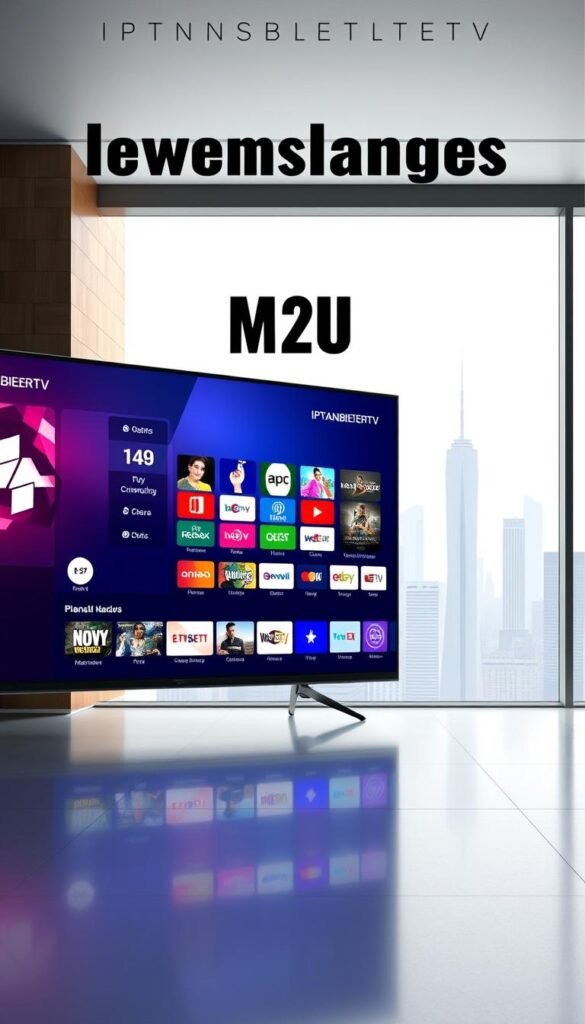A high-quality digital illustration depicting the concept of "lebenslanges IPTV M3U" - a long-lasting, comprehensive IPTV service. The scene showcases a sleek and modern user interface, displaying a wide array of entertainment options and channels. In the foreground, a television screen takes center stage, showcasing the IPTVANBIETERTV brand prominently. The background features a minimalist, futuristic cityscape, conveying a sense of technological advancement and seamless connectivity. The lighting is crisp and clean, creating a sense of clarity and professionalism. The overall mood is one of sophistication, reliability, and the promise of a lifetime of uninterrupted entertainment.