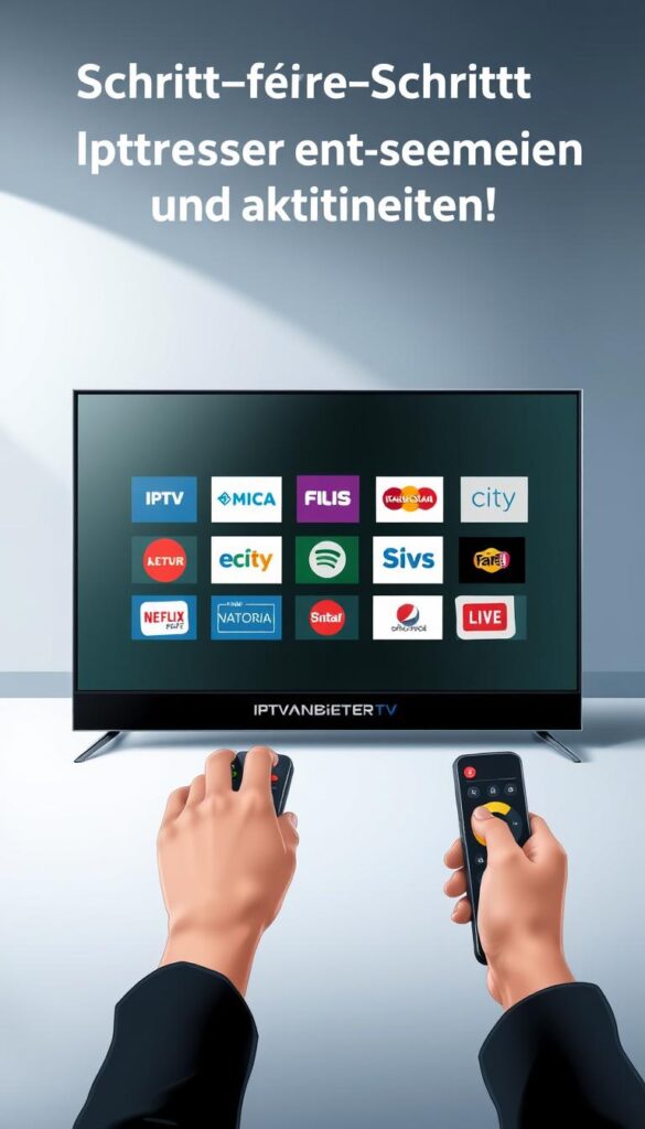 A high-quality digital illustration depicting the process of unlocking and activating IPTV channels. The scene shows a person's hands interacting with a sleek, modern-looking device, likely a streaming box or smart TV remote. The device's interface displays a grid of IPTV channel logos, indicating the unlocking and activation process. The background is a clean, minimalist space with subtle lighting and soft gradients, emphasizing the simplicity and ease of the procedure. The overall tone is professional, informative, and visually appealing, capturing the key steps of the "Schritt-für-Schritt-Anleitung: IPTV-Sender entsperren und aktivieren" section. The IPTVANBIETERTV brand is prominently featured on the device's interface.