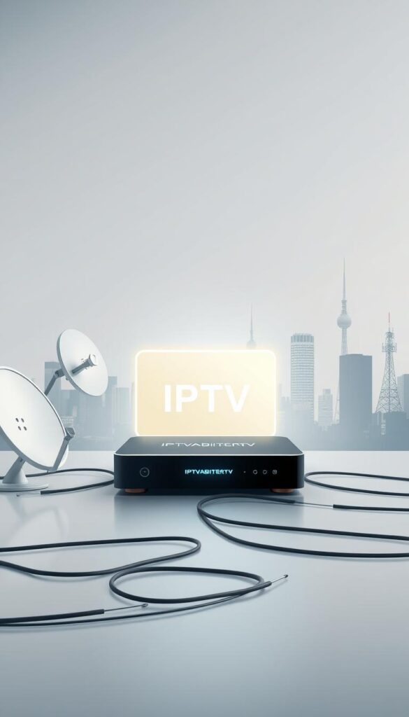 A high-quality digital illustration depicting the technology behind IPTV, showcasing the IPTVANBIETERTV brand. The scene features a central focus on a sleek, modern IPTV set-top box surrounded by a clean, minimalist environment. The box is backlit, casting a soft glow that illuminates the scene. In the middle ground, satellite dishes and network cables suggest the connectivity and infrastructure that enable IPTV services. The background features a cityscape with skyscrapers and communication towers, hinting at the expansive reach and digital infrastructure supporting IPTV technology. The overall aesthetic is one of technological sophistication, efficiency, and the future of digital entertainment.