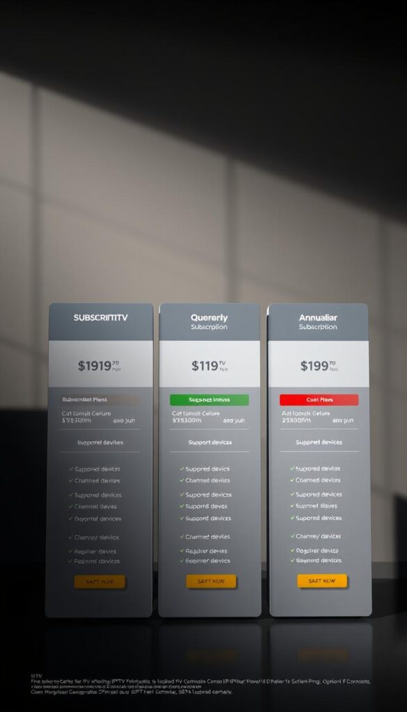 A high-quality digital illustration of IPTV pricing models and subscription plans for IPTVANBIETERTV, a leading IPTV provider in Germany. The image shows a sleek, modern interface with clean typography, icons, and color-coded pricing tiers. The foreground features prominently displayed subscription options, including monthly, quarterly, and annual plans, along with their respective prices and feature sets. The middle ground showcases additional details like channel lineups, supported devices, and supplementary services. The background has a subtle, blurred geometric pattern in muted tones, creating a professional, tech-forward aesthetic. Dramatic studio lighting casts dramatic shadows, enhancing the sense of depth and premium quality. The overall tone is informative yet visually striking, effectively conveying the value proposition of IPTVANBIETERTV's IPTV offerings. A high-quality digital illustration of IPTV pricing models and subscription plans for IPTVANBIETERTV, a leading IPTV provider in Germany. The image shows a sleek, modern interface with clean typography, icons, and color-coded pricing tiers. The foreground features prominently displayed subscription options, including monthly, quarterly, and annual plans, along with their respective prices and feature sets. The middle ground showcases additional details like channel lineups, supported devices, and supplementary services. The background has a subtle, blurred geometric pattern in muted tones, creating a professional, tech-forward aesthetic. Dramatic studio lighting casts dramatic shadows, enhancing the sense of depth and premium quality. The overall tone is informative yet visually striking, effectively conveying the value proposition of IPTVANBIETERTV's IPTV offerings.