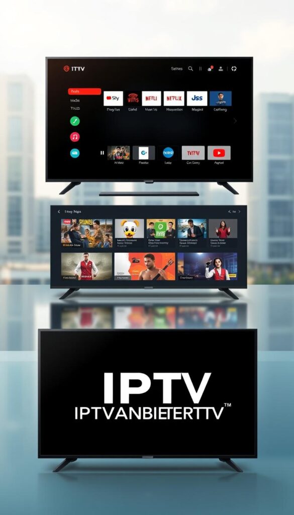 A high-quality digital illustration of a modern IPTV service provider platform, with a clean and professional interface showcasing a wide range of live TV channels, on-demand content, and device compatibility. The foreground features the prominent IPTVANBIETERTV brand logo, with a sleek and minimalist design. The middle ground displays various content tiles and user interface elements, conveying the platform's extensive media library and user-friendly navigation. The background depicts a serene, blurred cityscape with modern architecture, hinting at the platform's widespread availability and reach. The overall scene is lit by soft, natural lighting, creating a calming and inviting atmosphere that reflects the reliability and quality of the IPTV service.