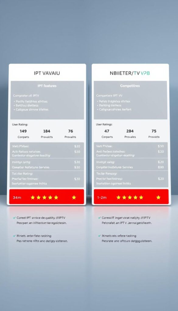 A high-quality digital illustration showcasing a side-by-side comparison of IPTVANBIETERTV and its competitors in the IPTV provider market in Germany. The scene depicts a sleek, minimalist interface with clean typography and well-organized information about the features, pricing, and user ratings of each service. The overall design conveys a sense of professionalism, utility, and trustworthiness, making it an ideal visual accompaniment to the article's subject matter. The image is rendered with a crisp, detailed style and evenly distributed lighting to highlight the key details. Camera angle is slightly elevated to provide an overview of the comparative layout, capturing the essence of an "IPTV Anbieter Vergleich".