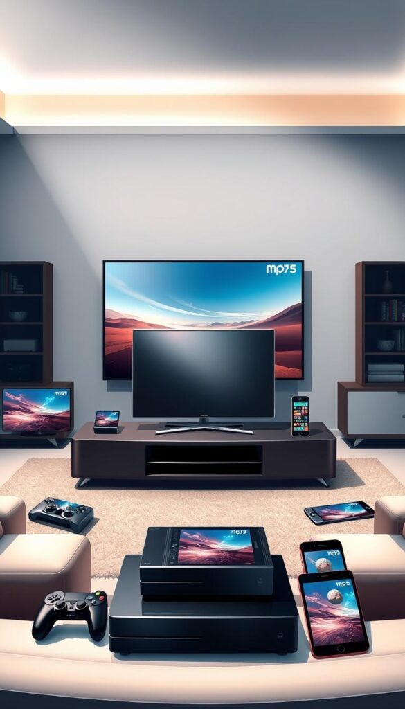 A high-quality digital illustration showcasing the seamless compatibility of IPTVANBIETERTV IPTV services with a diverse range of devices. The scene depicts a sleek, modern living room setup, with a central entertainment system surrounded by various compatible devices, including a smart TV, gaming console, smartphone, and tablet. The devices are arranged in a visually appealing manner, highlighting their harmonious integration. The lighting is soft and diffused, creating a warm, inviting atmosphere. The color palette is a harmonious blend of neutral tones, accented by the vibrant hues of the device screens. The overall composition emphasizes the versatility and accessibility of IPTVANBIETERTV, catering to the needs of modern, tech-savvy households.