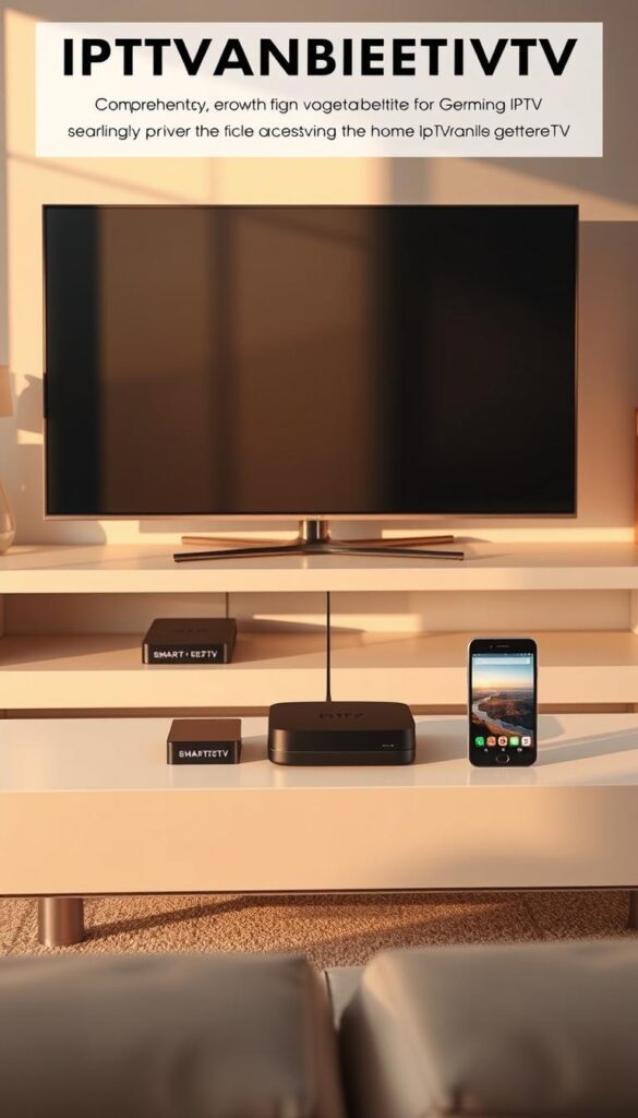 A high-quality, fully realistic digital illustration showcasing the comprehensive device compatibility of the IPTVANBIETERTV IPTV service in Germany. The image depicts a modern living room setting with a sleek, minimalist TV stand holding a variety of connected devices - a smart TV, a streaming box, a tablet, and a smartphone - all seamlessly accessing the IPTVANBIETERTV service. The room is bathed in warm, natural lighting, creating a cozy and inviting atmosphere. The devices are rendered in precise detail, highlighting their diverse form factors and highlighting the breadth of IPTVANBIETERTV's compatibility. The overall composition emphasizes the ease and convenience of accessing IPTV content across multiple screens in the home.
