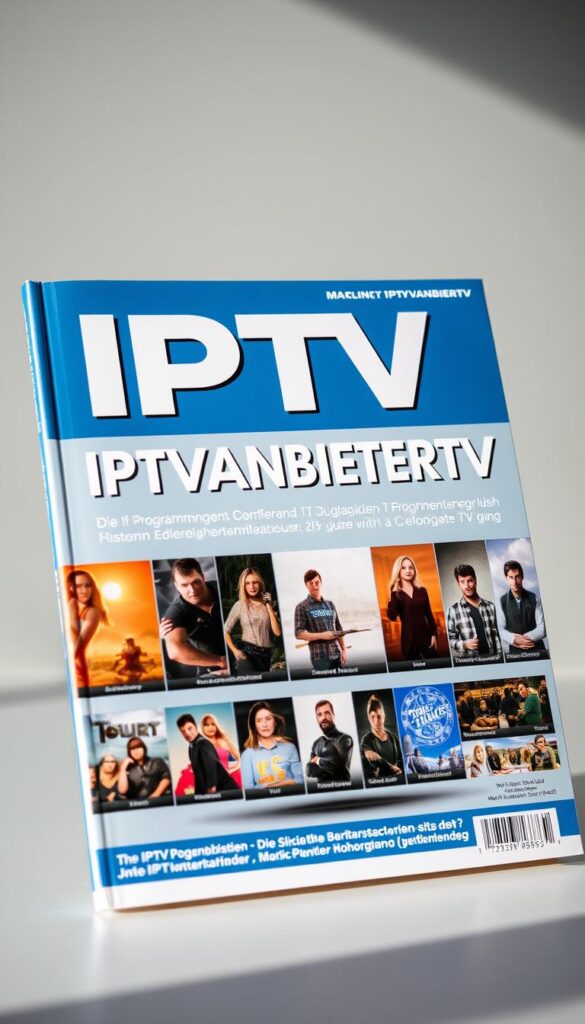 A high-quality, glossy IPTV Programmzeitschrift magazine cover, featuring the IPTVANBIETERTV brand name prominently displayed. The cover has a clean, modern design with a sophisticated color palette of blues, grays, and whites. The magazine's content is showcased through visually appealing images of various TV shows and movies, capturing the breadth of programming available. The cover conveys a sense of professionalism and authority, reflecting the comprehensive TV guide within. The lighting is soft and natural, creating a welcoming and inviting atmosphere. The camera angle is slightly angled, adding depth and visual interest to the composition.