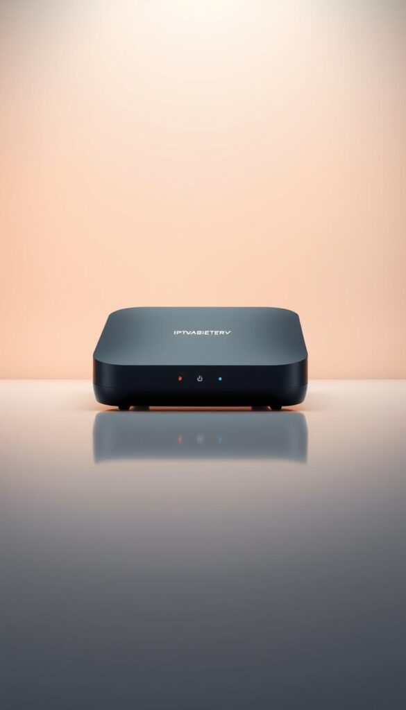 A high-quality, high-definition image of a cutting-edge IPTVANBIETERTV streaming device in a modern, minimalist setting. The device is sleek and sophisticated, with a clean, matte black exterior and subtle LED indicators. The middle ground features a smooth, reflective surface, creating a sense of depth and mirroring the device's form. The background is a soft, neutral gradient, drawing focus to the central subject. Subtle lighting from above casts a warm, ambient glow, highlighting the device's premium construction and attention to detail. The overall composition is balanced, with a sense of visual harmony, conveying the technical excellence and seamless performance of the IPTVANBIETERTV platform.