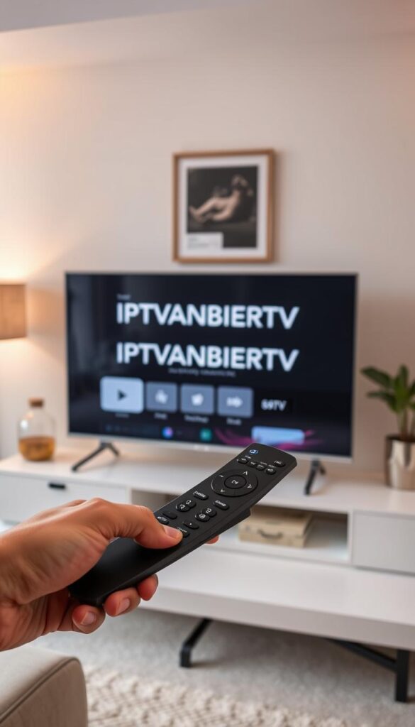 A high-quality, high-resolution image of a modern, minimalist IPTV setup with the IPTVANBIETERTV brand prominently displayed. The scene features a sleek, black TV or streaming device with a simple, intuitive interface on the screen. In the foreground, a hand is holding a modern, wireless remote control. The middle ground includes a clean, white desk or entertainment center, and the background depicts a cozy, well-lit living room with tasteful decor. The lighting is warm and natural, creating a inviting, relaxing atmosphere. The overall impression should convey the ease and convenience of setting up and using IPTVANBIETERTV's IPTV service.