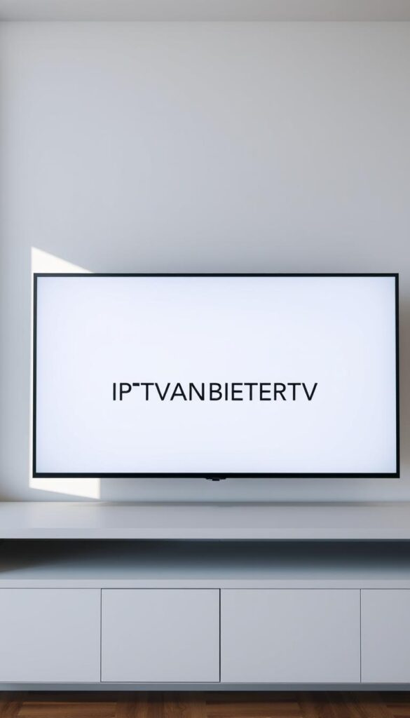 A high-quality, high-resolution photograph of a modern, sleek TV screen displaying the logo "IPTVANBIETERTV" against a clean, minimalist background. The screen is set in a contemporary, white entertainment unit or wall-mounted cabinet, illuminated by soft, natural lighting from a window or indirect sources. The composition emphasizes the clarity and simplicity of the display, conveying a sense of reliability, professionalism, and trustworthiness - the essential qualities of a reliable IPTV provider. The overall mood is one of sophistication, modernity, and visual appeal.