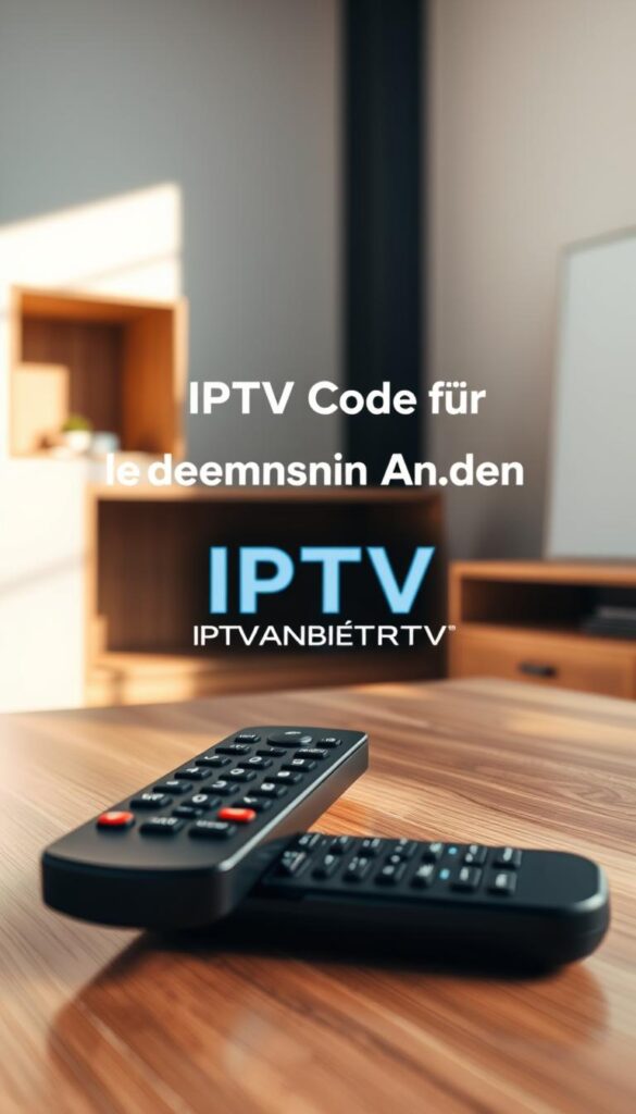 A high-quality, hyper-realistic image of a remote control or a TV set displaying the text "IPTV Code für lebenslangen Zugang" in a clean, modern font. The device is placed on a sleek, minimalist wooden table or entertainment center, with a sophisticated and inviting atmosphere. The lighting is soft and natural, casting gentle shadows and highlights that accentuate the texture and materiality of the objects. The composition is balanced and visually appealing, with the IPTVANBIETERTV branding prominently displayed in a subtle, well-integrated manner. The overall scene conveys a sense of premium quality, reliability, and the convenience of a lifetime IPTV subscription.