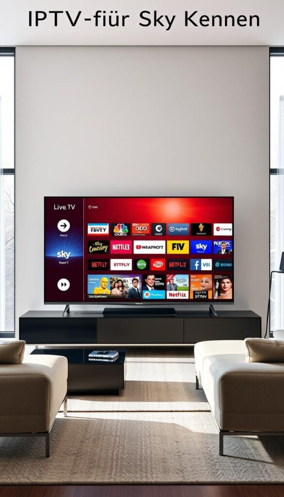 A high-quality image of "IPTV für Sky Kunden" featuring the IPTVANBIETERTV brand. Set in a modern living room with a large, high-definition television screen dominating the center of the frame. The living room has sleek, minimalist furniture in neutral tones, and large windows letting in natural light that creates a warm, inviting atmosphere. On the TV screen, a diverse selection of live TV channels, on-demand content, and streaming services are displayed, showcasing the breadth of entertainment options available. The image conveys the flexibility and convenience of IPTVANBIETERTV's IPTV service for Sky customers, allowing them to enjoy their favorite content on any device throughout their home.