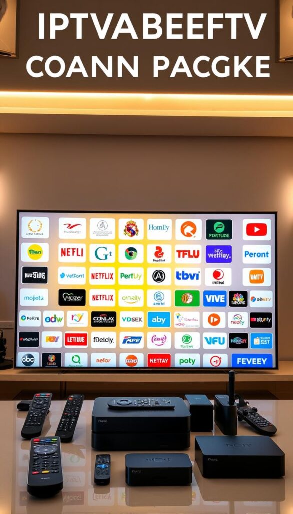 A high-quality image of a diverse and comprehensive IPTV channel package offered by IPTVANBIETERTV. The foreground features a sleek, modern TV display showcasing a wide variety of channel logos, genres, and content. The middle ground includes various remote controls, streaming devices, and smart home integrations, highlighting the versatility of the IPTV service. The background depicts a sophisticated, tech-savvy living room setting with minimalist decor and warm lighting, conveying a premium, user-friendly experience. The overall scene exudes a sense of entertainment, convenience, and the seamless integration of cutting-edge IPTV technology into the modern home.