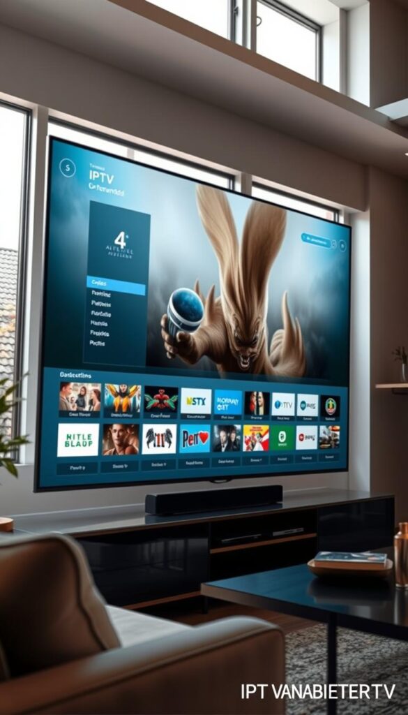 A high-quality image of a modern home entertainment setup, featuring a large flat-screen TV displaying an IPTV streaming interface. The TV is situated in a cozy, well-lit living room with natural lighting filtering in through large windows. The room is tastefully decorated with minimal, contemporary furnishings. The IPTV interface on the screen showcases a wide variety of channels and on-demand content, highlighting the versatility and convenience of IPTV services. The IPTVANBIETERTV logo is subtly displayed in the corner of the screen. The overall scene conveys a sense of relaxation and immersion in the digital entertainment experience.