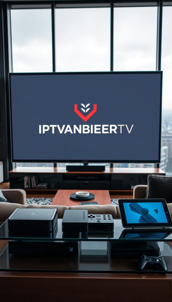 A high-quality living room scene with a large flat-screen TV displaying the IPTVANBIETERTV logo. In the foreground, a sleek, modern entertainment center holds various streaming devices like a set-top box, gaming console, and tablet. In the middle ground, a comfortable couch and armchair face the TV, with a coffee table in between. The background features floor-to-ceiling windows overlooking a cityscape, with soft, diffused natural lighting filtering in. The overall atmosphere is one of relaxation and immersive entertainment, showcasing the versatility of IPTV on multiple devices.