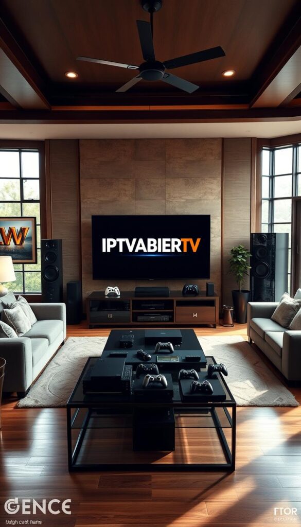 A high-quality, luxurious living room with plush furniture and elegant decor. At the center, a large flat-screen TV displays the IPTVANBIETERTV logo in a bold, modern font. Surrounding the TV, an array of streaming devices, game consoles, and remote controls suggest a comprehensive home entertainment setup. Natural light filters in through large windows, creating a warm, inviting atmosphere. The room is adorned with premium finishes, such as hardwood floors, textured walls, and tasteful artwork, conveying a sense of sophistication and attention to detail. The overall scene evokes a comfortable, high-end living space perfect for enjoying long-term IPTV subscriptions and entertainment packages.