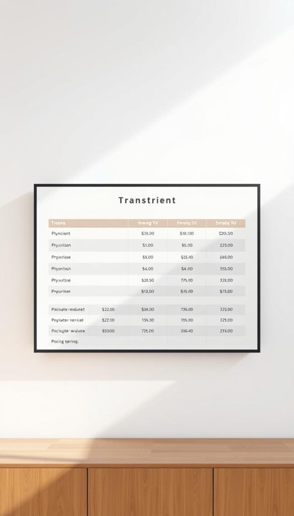 A high-quality, minimalist illustration of IPTVANBIETERTV's transparent pricing for their IPTV service. Set against a simple, elegant background, the image showcases a clean, modern design with clear pricing details displayed in a grid layout. The lighting is soft and diffused, creating a sense of clarity and professionalism. The overall mood is one of transparency, trustworthiness, and attention to detail, reflecting the service's commitment to providing a straightforward, hassle-free IPTV experience.