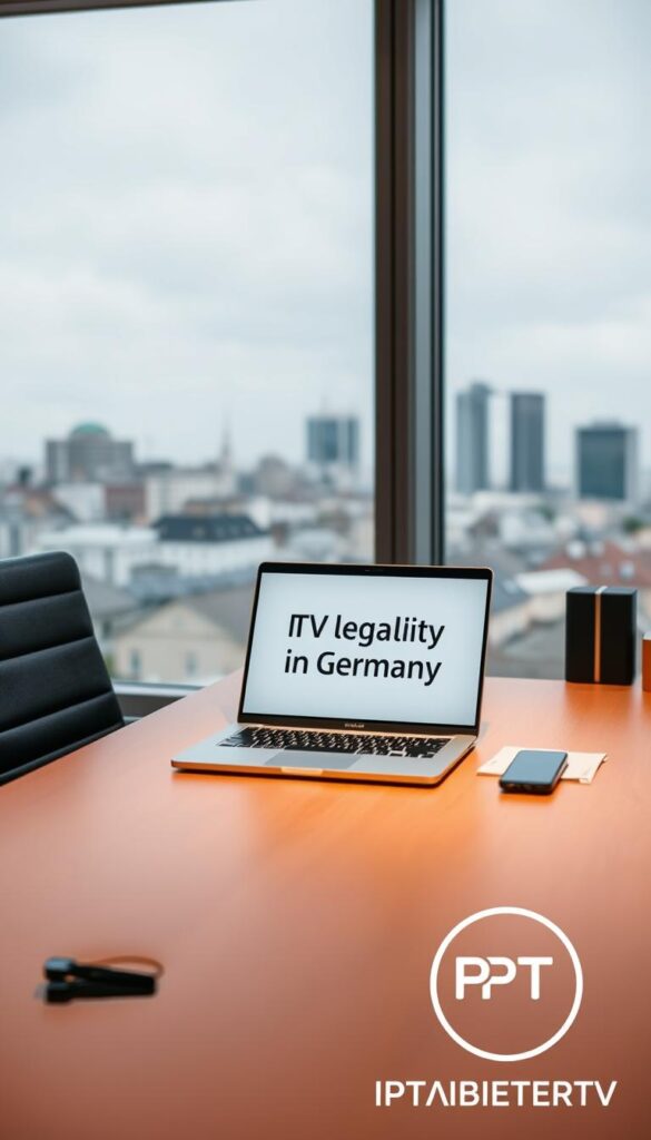 A high-quality, minimalist image showcasing the legality of IPTV in Germany. Set in a modern, well-lit office space, with a sleek, professional-looking desk and chair. On the desk, a laptop displays a web page with the text "IPTV legality check" prominently featured. The laptop is surrounded by a few office supplies, creating a sense of authenticity. In the background, a large window provides natural lighting and a view of a city skyline, conveying a sense of urban sophistication. The overall mood is one of authority, credibility, and attention to detail. The IPTVANBIETERTV logo is subtly displayed in the bottom right corner.