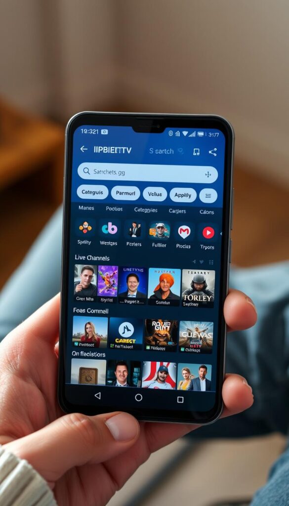 A high-quality, modern Android app interface with a clean, intuitive design showcasing a wide range of live TV channels and on-demand content from the IPTVANBIETERTV service. The app features a responsive layout optimized for various screen sizes, with a prominent search bar, category filters, and a grid of engaging thumbnails. The overall visual style conveys a sense of premium entertainment, with subtle gradients, soft lighting, and a color palette of blues, grays, and whites. The app is presented in a real-world context, seamlessly integrated into a hand-held Android device held by a person in a comfortable, relaxed setting.