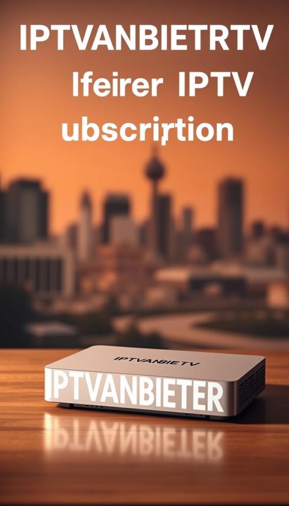 A high-quality, modern IPTV box with a sleek, minimalist design. The box sits atop a wooden table, illuminated by warm, diffused lighting that casts soft shadows. In the foreground, the IPTVANBIETERTV logo is prominently displayed, indicating the brand of the IPTV service. The middle ground showcases the IPTV box from multiple angles, highlighting its clean lines and premium materials. In the background, a subtle, blurred cityscape provides a sense of urban sophistication. The overall atmosphere conveys a sense of simplicity, quality, and the convenience of a lifetime IPTV subscription.