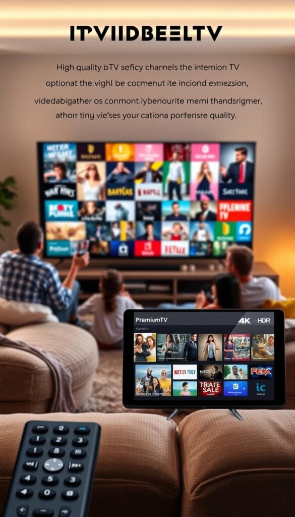 A high-quality, modern IPTV service with a sleek, minimalist interface displaying a grid of premium TV channels in vivid 4K HDR, showcasing the IPTVANBIETERTV brand. The foreground features a remote control and smart device displaying the service's intuitive menu, while the middle ground shows various family members relaxing and enjoying the immersive content. The background depicts a cozy living room with plush furniture and warm lighting, conveying a sense of comfort and premium entertainment. The overall mood is one of convenience, affordability, and exceptional video quality.