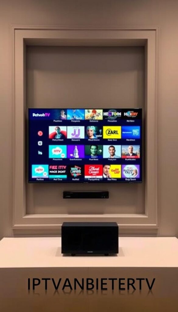 A high-quality, modern IPTV service with a sleek, minimalist interface. A large, vibrant screen displaying a seamless, high-definition video stream of a variety of popular channels. The screen is surrounded by a clean, elegant frame in muted tones, creating a premium, sophisticated look. In the foreground, the IPTVANBIETERTV logo is prominently displayed, conveying the provider's reliability and professionalism. The overall scene exudes a sense of effortless entertainment and technological sophistication.
