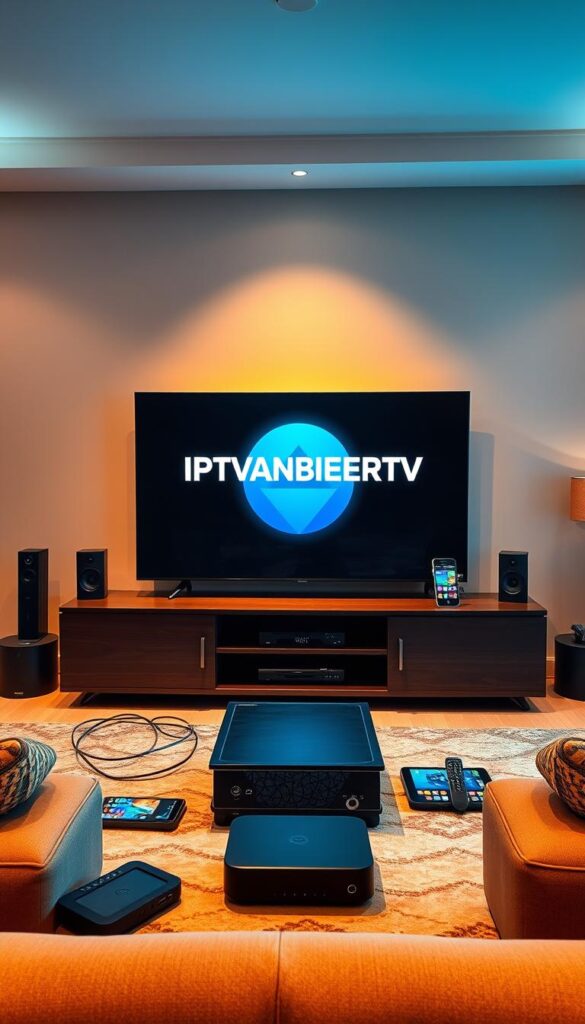 A high-quality, modern IPTV service with a sleek user interface, showcasing a wide range of compatible devices - smart TVs, streaming boxes, mobile phones, and tablets. The scene depicts a stylish living room setup, with a central IPTVANBIETERTV logo prominently displayed on a large flatscreen TV. Around the TV, various devices are seamlessly integrated, highlighting the versatility and cross-platform compatibility of the IPTV service. The lighting is warm and inviting, creating a cozy atmosphere. The overall composition conveys a sense of technological sophistication and user-friendly experience.