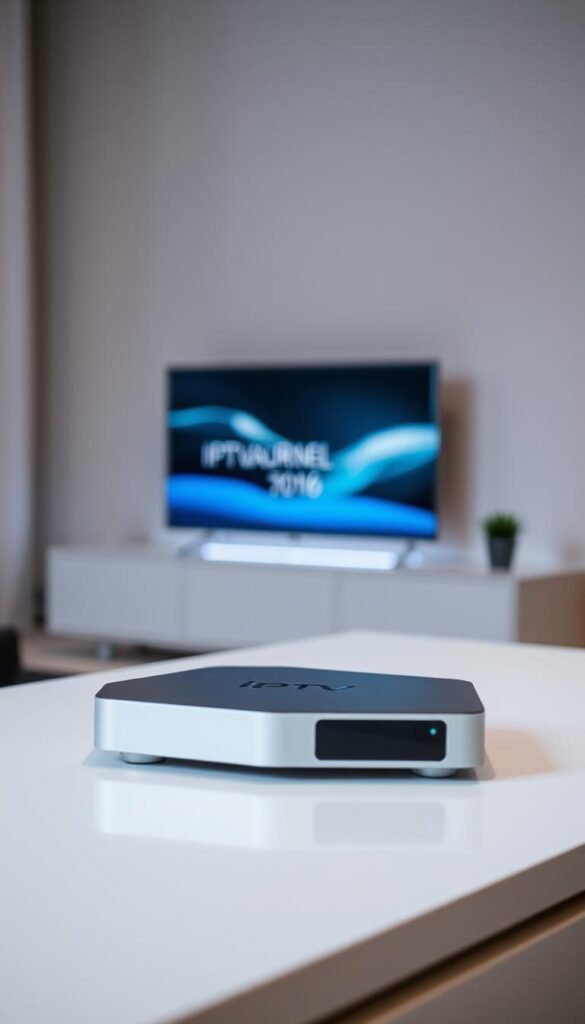A high-quality, modern IPTVANBIETERTV system without registration, showcasing a sleek, minimalist design. The device is displayed on a clean, well-lit tabletop, with a subtle ambient glow illuminating the scene. The focus is on the device's premium build quality and discreet functionality, conveying a sense of reliability and ease of use. The background features a blurred, neutral color palette, allowing the IPTVANBIETERTV to take center stage. The overall mood is one of sophistication and simplicity, reflecting the seamless experience promised by this IPTV provider.