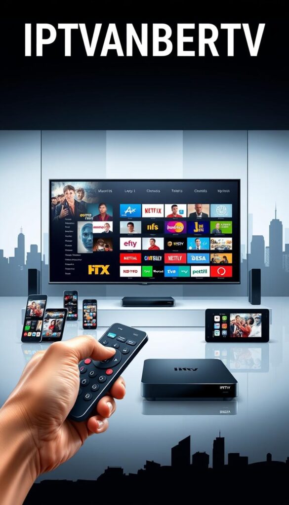 A high-quality, modern digital illustration showcasing the IPTVANBIETERTV brand and its USA IPTV services. The scene depicts a sleek, minimalist tech environment with a large, ultra-high-definition display in the center, showcasing a diverse array of live channels and on-demand content. The display is surrounded by various connected devices like smartphones, tablets, and streaming boxes, all seamlessly integrated and controlled through an intuitive user interface. The lighting is clean and bright, conveying a sense of professionalism and reliability. In the foreground, a hand holds a remote control, emphasizing the ease of use and accessibility of the IPTVANBIETERTV platform. The background features a subtle cityscape silhouette, hinting at the global reach and expansive content library of the service. The overall composition and attention to detail evoke a feeling of a cutting-edge, premium IPTV solution that outpaces the competition.